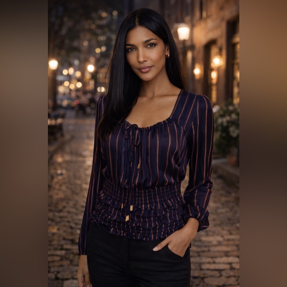 Vintage Tops - Vintage Navy Blue Blouse with Copper Accents 💃